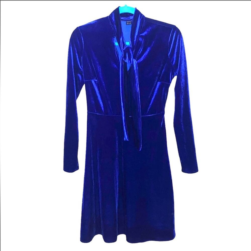 Shein Royal Blue Soft Plush Velour Tie Neck Dress‎ XS Mini Party Dress